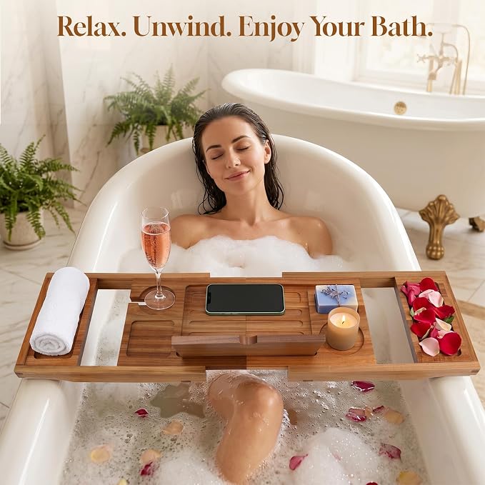 Bathtub Tray, Foldable & Extendable Acacia Wood Bath Caddy with Non-Slip Design, Space-Saving Adjustable Bathtub Shelf for Book, Wine, Tablet, Spa Gift for Women Men