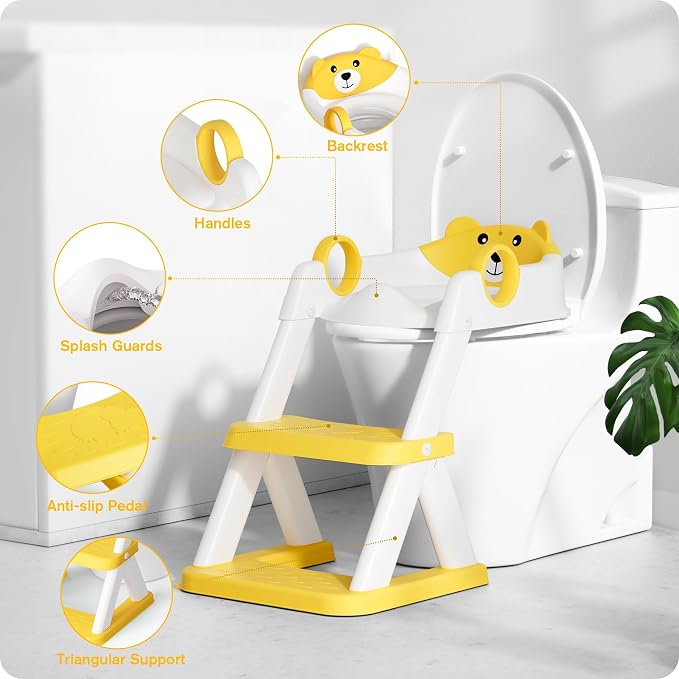 Potty Training Seat, Upgrade Toddler Toilet Seat for Kids Boys Girls, 2 in 1 Potty Training Toilet, Splash Guard Anti-Slip Pad Step Stool(Yellow)
