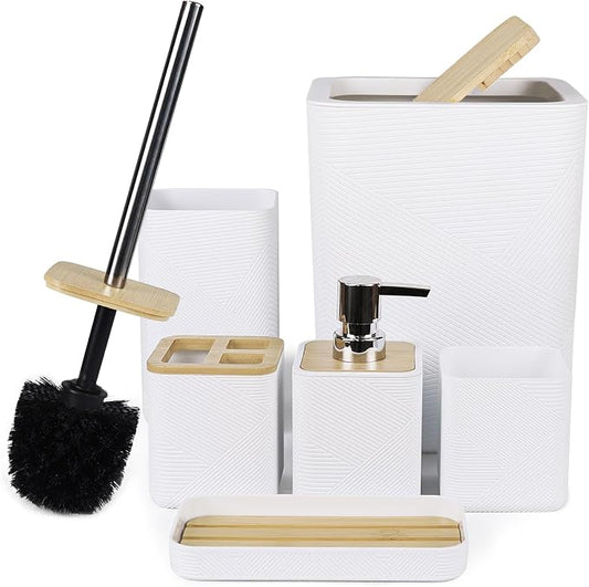 CERBIOR Bamboo Bathroom Accessories Set 6 Piece Bath Ensemble(White) | Includes Soap Dispenser, Toothbrush Holder, Toothbrush Cup, Soap Dish for Decorative Countertop and Housewarming Gift