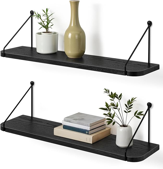 Afuly Black Floating Shelves for Wall, 24in Shelf with Brackets, Set of 2 | Long Hanging Bookshelf, Plants Photos Display, Organizer Modern, for Bathroom, Kitchen, Living Room, Bedroom, Home Decor