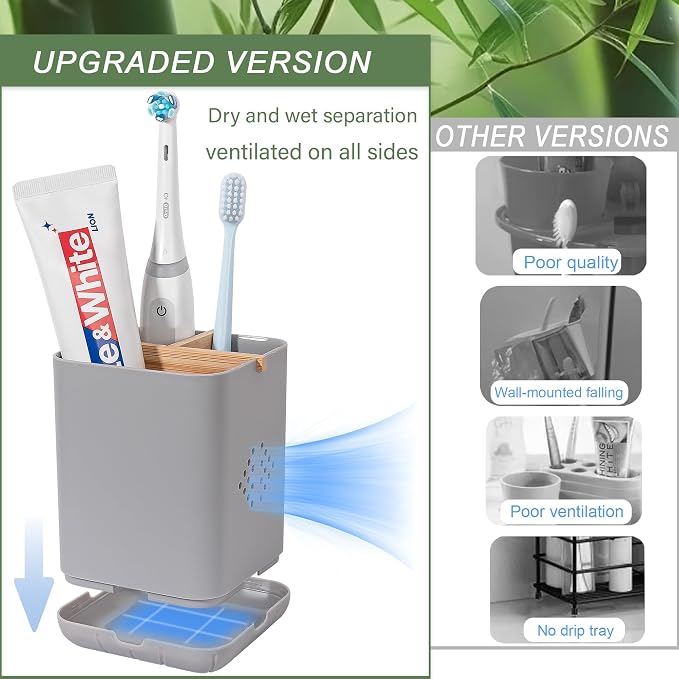 Toothbrush Holders for Bathrooms, Electric Toothbrush Holder, Gray | Toothbrush and Toothpaste Organizer for Bathroom Countertop, 3 Slot Vanity Storage