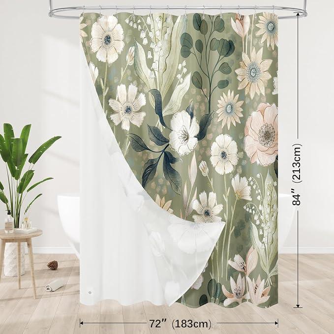 MitoVilla 3 in 1 Extra Long Boho Floral Shower Curtain Set-72 W x 84 H, Green Spring Shower Curtain and Waterproof Fabric PEVA Liner Set with 12 Stainless Steel Hooks