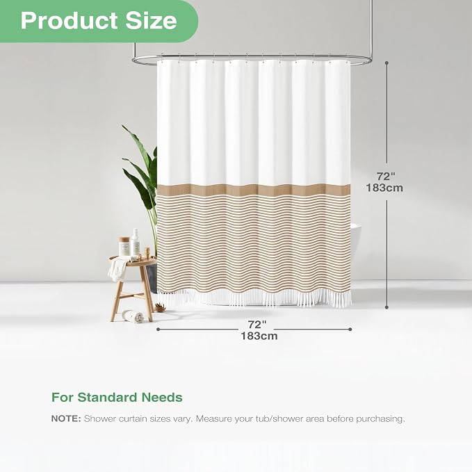 Beige Fabric Shower Curtain, Farmhouse Boho Striped Tassel Shower Curtains for Bathroom, Bohemian Textured Cloth Shower Curtain Set with Hooks, Water Repellent, Wrinkle Free, 72x72