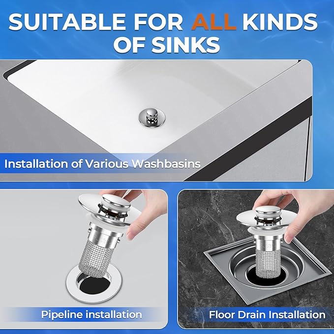 Bathroom Sink Drain Strainer, Pop-up Sink Drain Strainer with Removable Stainless Steel Strainer Basket Hair Catcher, Bathroom Sink Strainer for Bathroom Sink Stopper Replacement (3PCS)