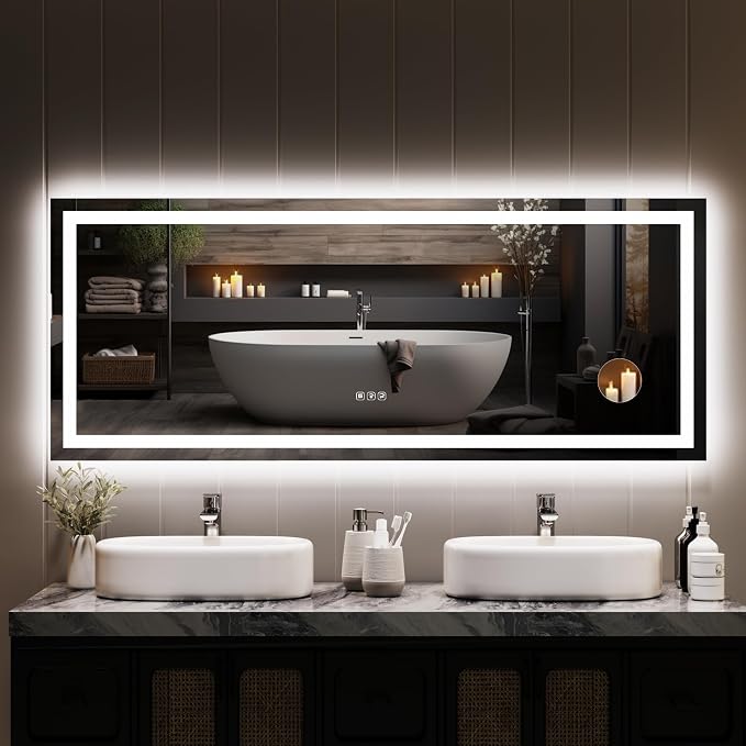 Large LED Bathroom Mirror 60x36 Inch - Frontlit & Backlit Frameless Wall Vanity Mirror with Stepless Dimming, Adjustable Color Temp, Anti-Fog Defogger, Smart Memory & 3X Suction Mirror, Sha