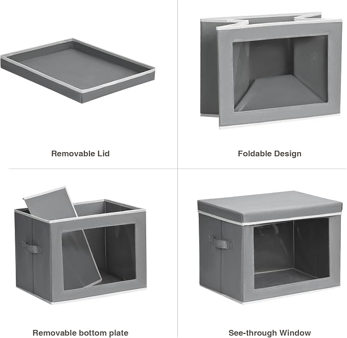 Storage Bins, Storage Baskets for Shelves with Window, Fabric Storage Bins with Handle, Foldable Storage Cubes Boxes for Organizing for Clothes, Towels, Books, 3 Pack, Grey