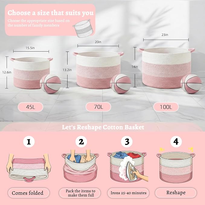 Artfeel 100L Large Cotton Rope Basket, Decorative Woven Blanket Storage for Living Room, Boho Toy Storage & Toy Box for Kids, Versatile Laundry Basket & Nursery Hamper for Blankets(Pink)
