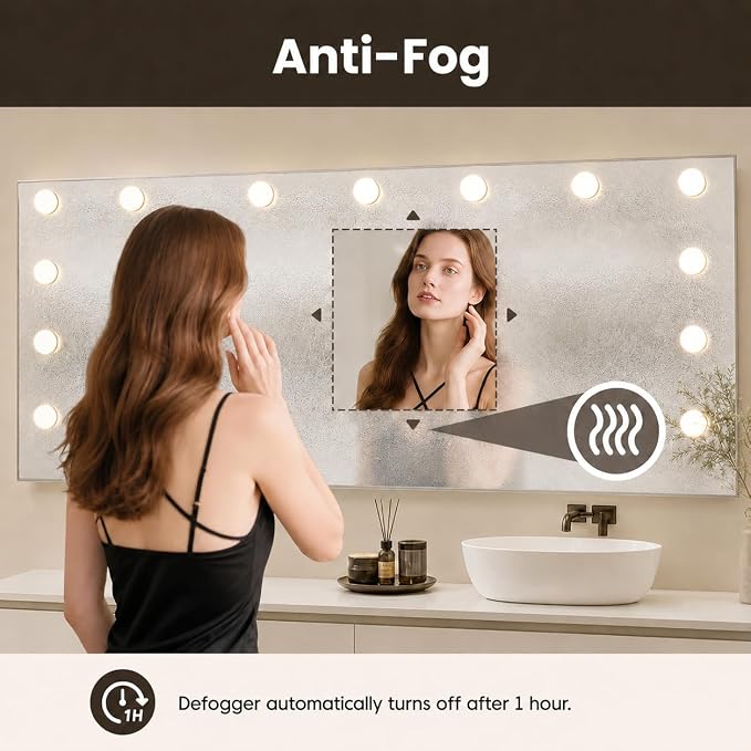 WTTY 84"x40" Hollywood Vanity Mirror with Lights | Wall Mounted Makeup Mirror, 3 Color Temperatures, Stepless Dimmable Bulbs, Anti-fog, Tempered Glass, Shadow-free