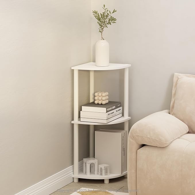Furinno Turn-N-Tube Corner Shelf, 3-Tier Corner Bookshelf, White | Display Storage Shelves with Open Shelves, for Organization and Storage, Living Room, Home Office, Garage