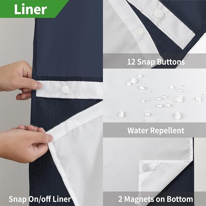 eachope No Hook Fabric Shower Curtain with Snap-in Liner,71x74 Navy Blue | Linen Texture,230GSM Thick Fabric,Hotel Luxury Decor,Mesh Window,Bottom magnetic ,Waterproof & Machine Washable,for Bathroom
