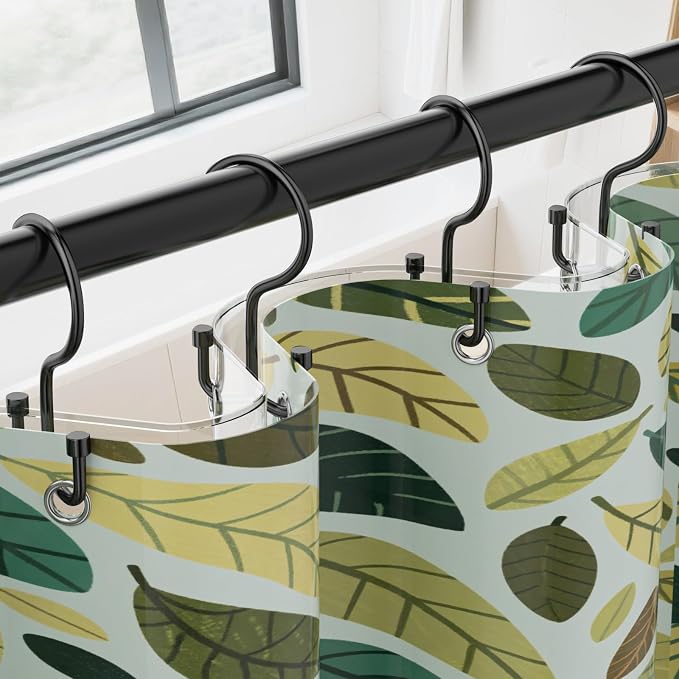 OEH Shower Curtain Hooks, 12 Pcs Shower Curtain Rings, Durable Black Shower Curtain Hooks Rust Proof, Shower Rings for Curtain, Free Sliding Anti-Drop Double Shower Hooks for Shower Curtain Rod, Black