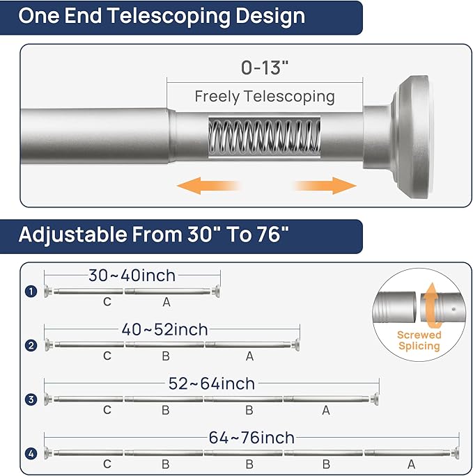 ENJOYBASICS 1" Nickel Shower Curtain Rod, 30-76" Adjustable, Secure Tension | Easy No-Drill Installation, No Tools, No Gaps, Sturdy Rust-Resistant Steel, Sag-Resistant Design, Tubs, RVs, Apartments