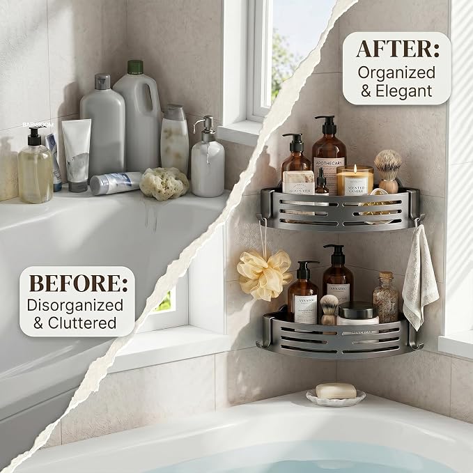 2 PCS Corner Shower Caddy Suction Cup, Rustproof Aluminum Shower Shelves with Hooks, No-Drilling Upgrade Bionic Suction Cup Shower Organizer, Removable Bathroom Storage Corner Shelf(Grey)