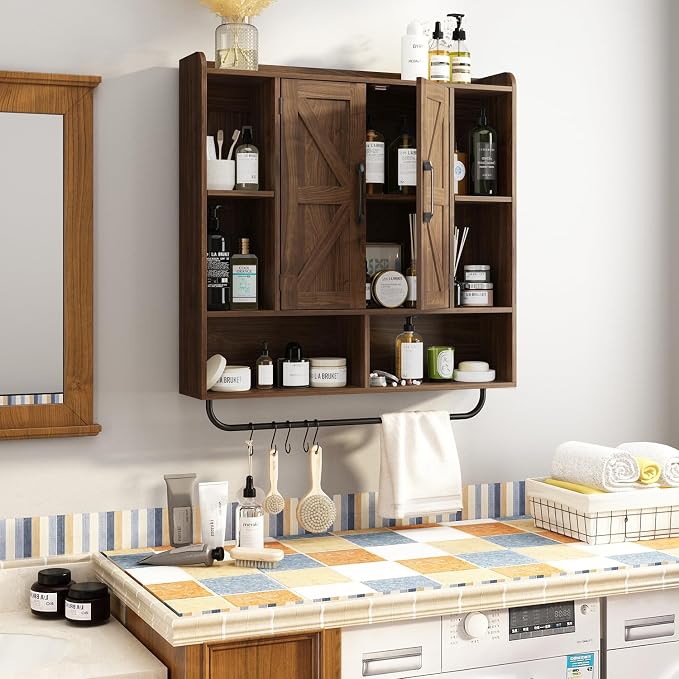 RUSTOWN Rustic Bathroom Wall Storage Cabinet with 2 Barn Doors, Dark Walnut | Farmhouse Medicine Cabinet, Wall Mounted, Space Saving, 3-Tier Adjustable Shelves, Towel Bar, 5 Hooks