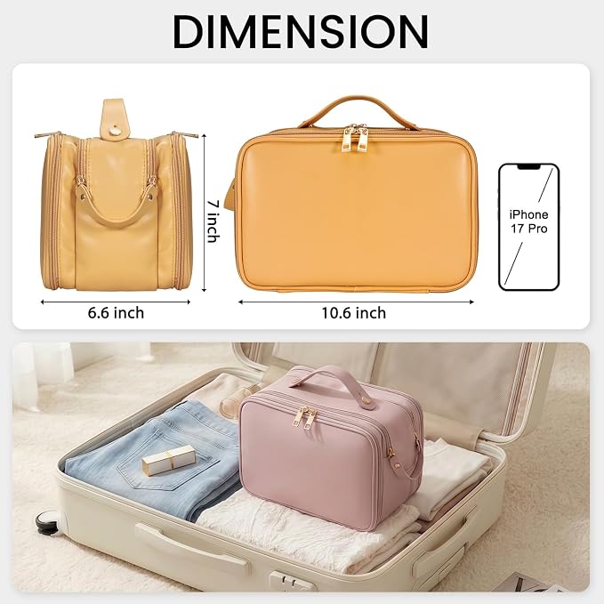 HauteHues Travel Makeup Bag Women's Large Capacity Cosmetic Portable Organizer Large Opening Waterproof Storage Toiletry Bags Vertical Free-Standing Brush Holder for Easy Access Orange