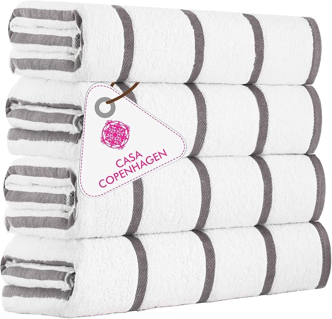 CASA COPENHAGEN Cabana Pool 4Pcs 100% Egyptian Cotton Large Designer Beach Towels Set- White Ash, 500GSM, 55"x27", 4 Beach Bath Towels Set for Women & Men