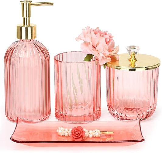Haturi Bathroom Accessories Set, 4 Pcs Pink Glass Bathroom Accessories Sets Complete w/Lotion Soap Dispenser, Toothbrush Holder, Apothecary Jar, Vanity Tray, Bathroom Decor, Gift for Home Apartment | Kit w/ Bathroom Soap Dispenser Set, Toothbrush Holde...