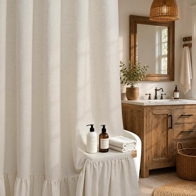 Yinhua Farmhouse Shower Curtain with Ruffle, Vintage Linen Extra Long Shower Curtains for Bathroom, Beige Striped Bath Curtain with 12 Hooks, Heavy Duty Waterproof Washable Cloth, 72" W x 84" L