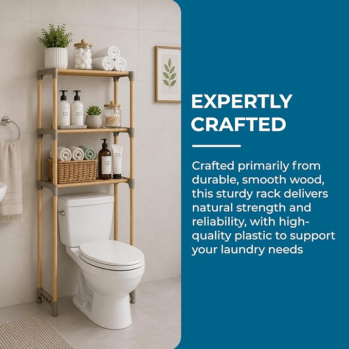 Honey-Can-Do 3-Tier Wood Over-the-Toilet Storage Shelf, Natural | Space-saving natural wood shelf fits over toilet/small appliances. 2 slatted shelves + hanging bar. Tool-free build.