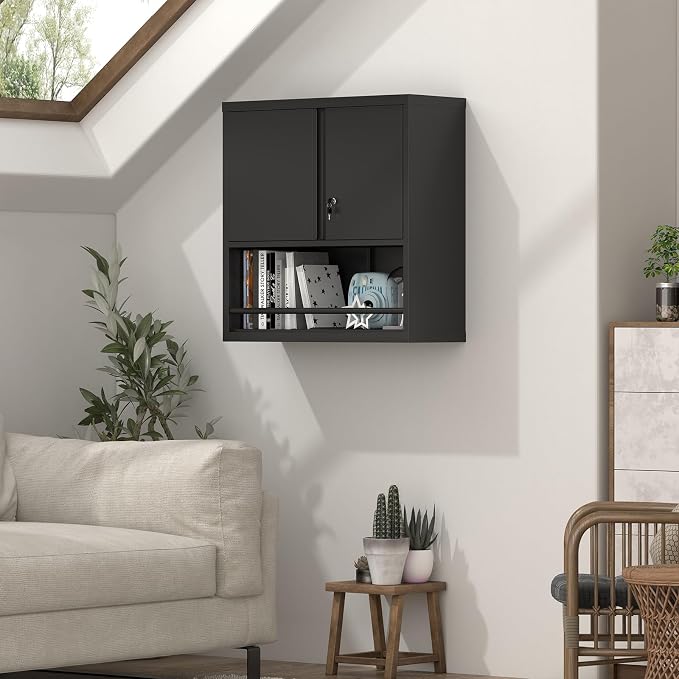 Metal Cabinet,Lockable Storage Cabinet with Doors,Metal Garage Wall Cabinet with Adjustable Shelf,Locking Cabinet for Home Office,Garage,Shop,Black