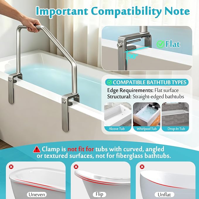 Bathtub Rail Safety Grab Bar, Clamp on Tub Handles for Seniors, Adjustable Bath Tub Rails for Elderly Adults Support Bars Shower No Drill, Handicap Bathtub Helper Railing for Side of Tub