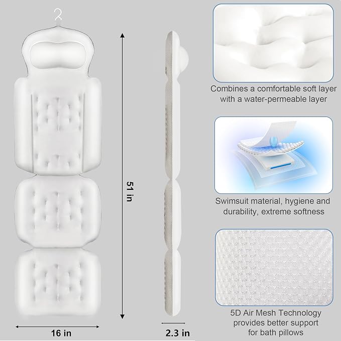 Luxury Full Body Bath Pillow for Bathtub, Bath Pillows for Tub with Mesh Laundry Bag, Cushion for Bathtub Headrest Neck Back Support - 5D Air Mesh & Quick Drying | White 51" x 16"