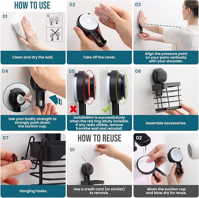 TAILI Suction Cup Toothbrush Holders with Visible Safety Indicator, Black | Wall Mounted, Visible Safety Indicator, Inverted Trapezoid Design Bathroom Organizer Removable for Tooth brush and Toothpaste