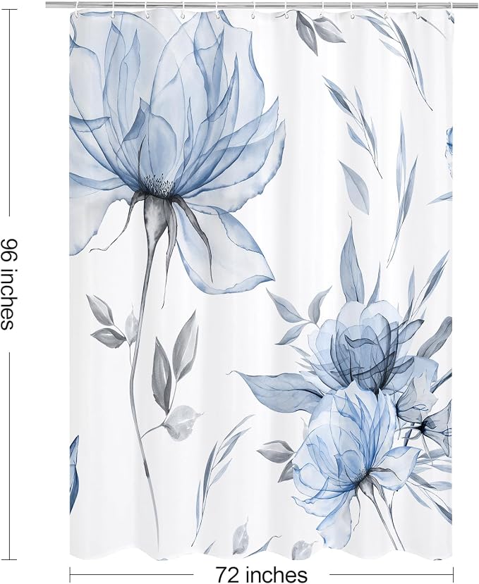 Litabel Blue and Grey Boho Watercolor Floral Shower Curtain, Ink Painting Style Blossom & Leaf Shower Curtains for Chic Elegant Bathroom, Artistic Fabric Cloth Flower Shower Curtain, 72 x 96