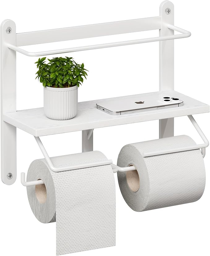 Homeiju Double Toilet Paper Holder with Shelf, Wooden Wall-Mounted Toilet Paper Roll Holder, Wall-Mounted Bathroom Organizer, Double Roll, Suitable for Bathrooms(White)