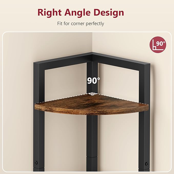 Corner Shelf Stand 5 Tier 60.5" with Metal Frame, Rustic Brown | Industrial Small Corner Shelf Narrow, Multipurpose Tall Corner Bookshelf, Corner Table Bedroom, Living Room, Office, Kitchen