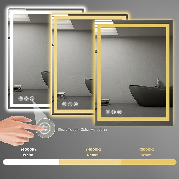 24" x 36" LED Bathroom Mirror with Lights, Memory Vanity Mirror | Anti-Fog, 3 Color Modes, Dimmable, Front Lit, Memory Function, Tempered Glass, Lighted Bathroom Mirror for Wall