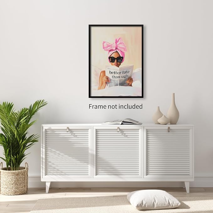 Haitunone Better Late Than Ugly Canvas Wall Art Feminist Newspaper Quotes Poster Trendy Preppy Girly Aesthetic Prints for Bathroom Home Bedroom Wall Decor 16X24 inch Unframed