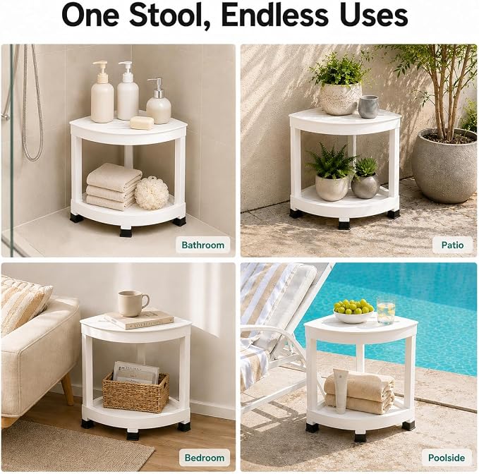 CROWNFURN Shower Foot Rest, HIPS Waterproof Shower Stool for Inside Shower, Corner Shower Bench for Shaving Legs with Baffle Storage Shelf for Small Space, Rapid Assembly DIY Combination Shelf (White)