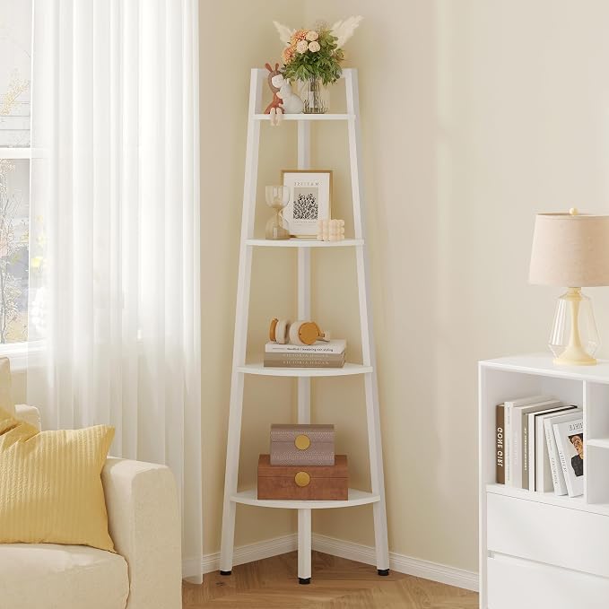 Hoctieon Corner Shelf, 4-Tier Corner Bookshelf, Rustic Corner Ladder Shelf, Industrial Display Shelf for Living Room, Kitchen, Home Office, Balcony, Small Space, Metal Frame, White