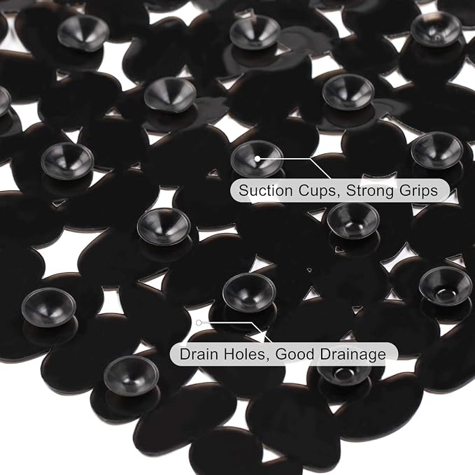 WELTRXE Non Slip Bathtub Mat 35 x 16 Inches Pebbles Shower Mats with Suction Cups, Drain Holes for Bathroom Showers, Tub, Machine Washable Bathroom Mats BPA, Latex Free Safe Tub Mats - Black