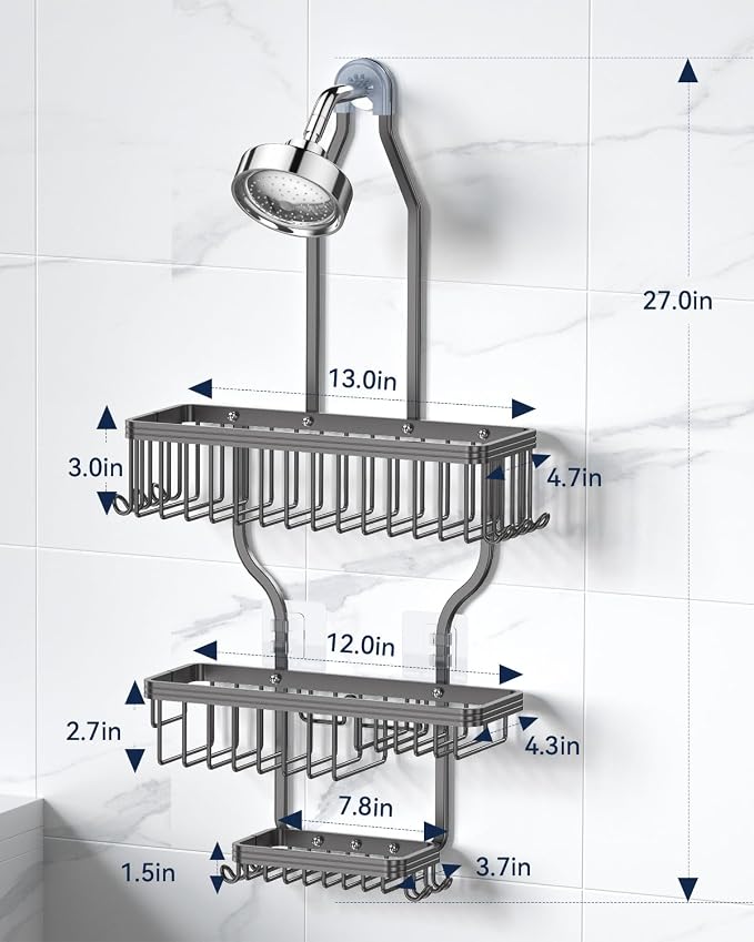 Never Rust Shower Caddy Hanging, Aluminum Shower Racks for Inside Shower, 3-Tier Shower Organizer Hanging Over Shower Head with Hooks and Soap Holder, Grey