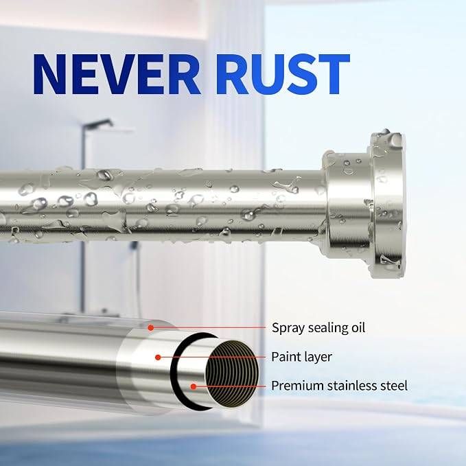 Mcrbeay Shower Curtain Rod, 1" Diameter Heavy Duty Tension Shower Rod, Non Slip Adjustable 28-46 inch No Drilling Shower Curtain Rods Spring Tension For Bathroom, Shower Stall, No Rust, Nickel