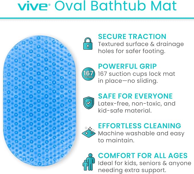 Vive Oval Bathtub Mat - Nonslip Shower Floor Pad - Non-Slip and Non-Skid | For Bath Tub with Strong Rubber Suction Cup Grip - for Baby, Elderly, Kids, Bathroom (Blue)