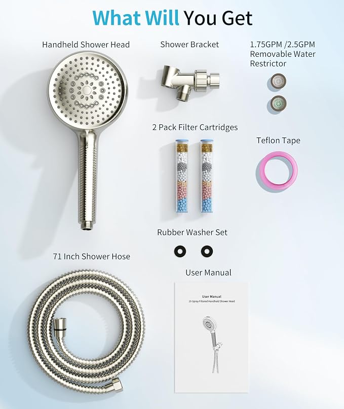 Filtered Shower Head with Handheld, 10 Spray Mode High Pressure Shower Head with Filters, Shower Filter Head for Hard Water, Powerful Spray for Cleaning, 2 Replaceable Filters Included, Brushed
