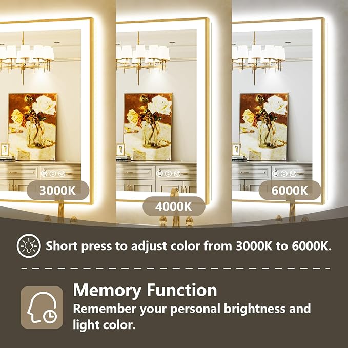 48x40 LED Bathroom Mirror with Lights, Gold Framed Lighted Mirror | Backlit and Front light, Anti-Fog, 3 Color Dimmable, Memory, Tempered Glass, IP54 Waterproof, UL Listed