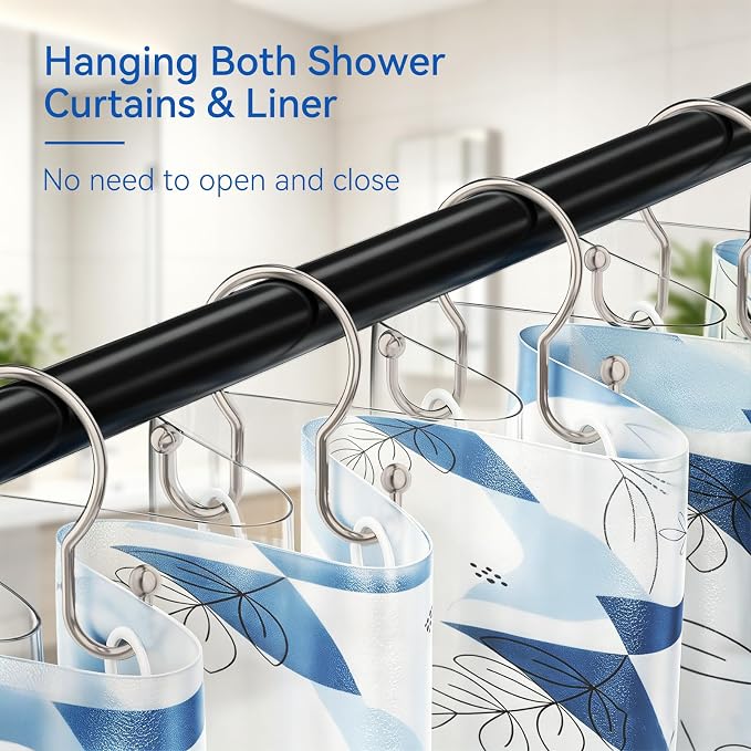 OEH Shower Curtain Hooks, 12 Pcs Minimalist Shower Curtain Rings, Metal Shower Curtain Hangers, Double Hook Shower Curtain Hooks Rust Proof, Glide Smoothly Shower Hooks for Shower Curtain Rod, Nickel