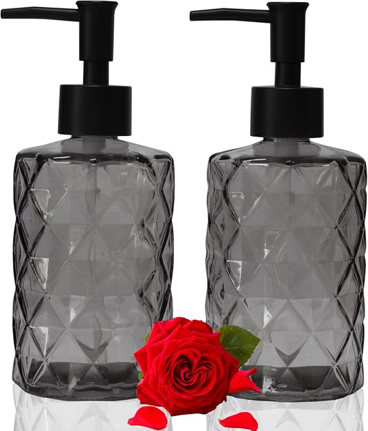 YYTSGG Glass Soap Dispenser with Black Plastic Pump, 12oz, 2 Pack | Refillable Liquid Hand Soap Dispenser, Crystal Lotion Bottle for Modern Home Decor, Bathroom, Kitchen Countertop, Hotel