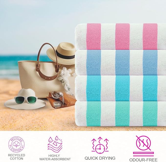 CASA COPENHAGEN Cabana Beach Towel Designed in Denmark Rough and Tough, Quick Dry, Beach, Pool, Bath & Shower 30x60 inches 4 Pieces Cotton Beach Bath Towels Set - Pink, Sky Blue, Water Blue, Teal