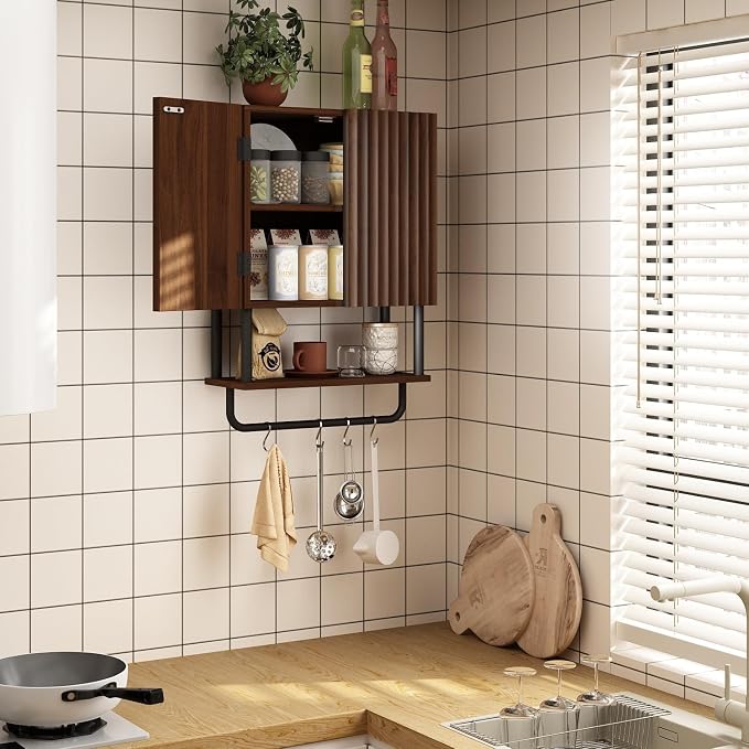 RUSTOWN Fluted Bathroom Wall Cabinet with 2 Doors, 3-Tier Medicine Cabinet | Modern Farmhouse Wall Mounted Cabinets, Over The Toilet Storage Cabinet, Adjustable Shelf and Towel Bar, Small