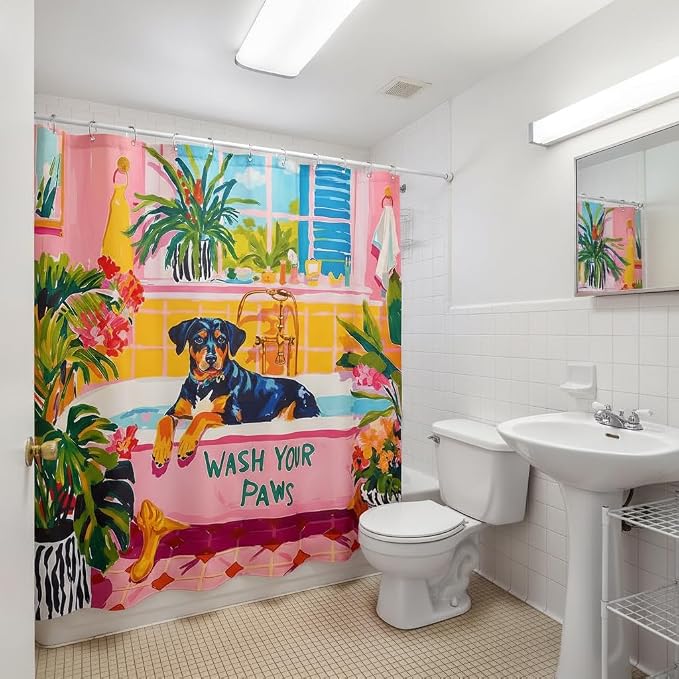 Accnicc Funny Dog Shower Curtain Boho Cute Rottweiler Shower Curtains for Bathroom Green Tropical Plants Pink Bathtub Matisse Decorative Unique Waterproof Fabric Bath Curtain Decor 72 X 72 Inches