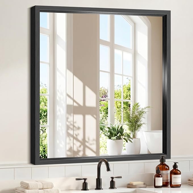 COFENY Bathroom Mirror, 36x36 Brushed Black Square Mirrors, Thickened Deep Metal Frame Bathroom Vanity Mirrors for Over Sink, Bedroom, Entryway, HD Tempered Glass, Horizontally or Vertically