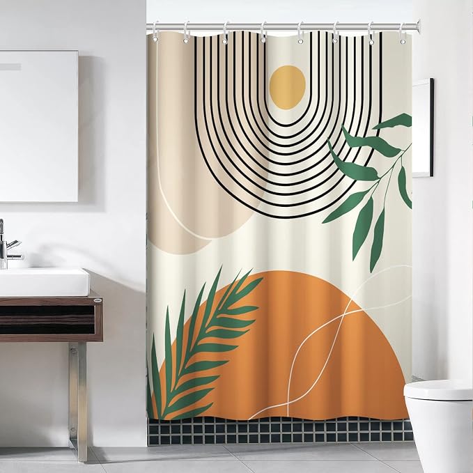 Mid Century Shower Curtain with Hook for Bathroom 60x72 Inch | Waterproof Abstract Orange and Beige Shower Curtain Set, Soft Bathroom Decor, Machine Washable