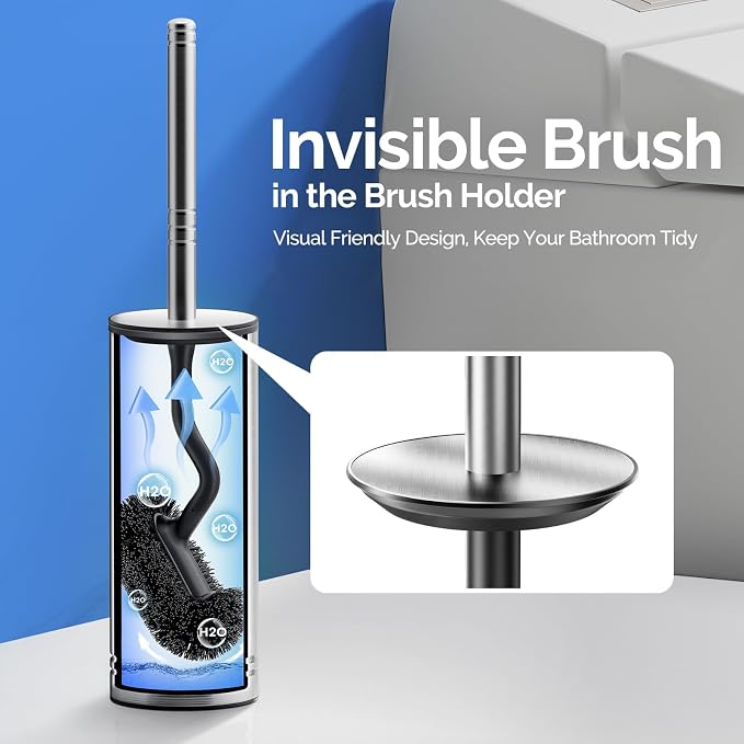 HAMITOR Toilet Brush and Holder Set：Stainless Steel Deep Clean Bathroom | Wall-Mounted Cleaner Brush with Curved Bristle for Home Apartment Bathroom Accessories Silver 1 Pack