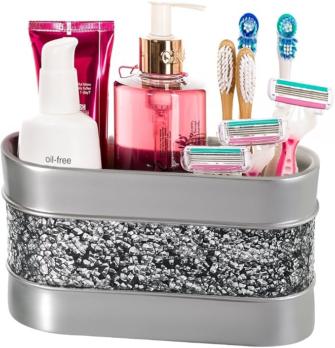 Creative Scents Crackled Glass Silver Toothbrush and Toothpaste Holder for Bathroom - Decorative Bathroom Counter Electric Toothbrush Organizer, 3 Slot, Makeup Brush Holder