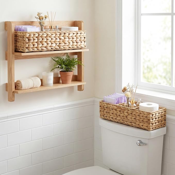 StorageWorks Toilet Paper Basket, Large Toilet Tank Basket, Water Hyacinth | Wicker Basket, Toilet Paper Storage for Back of Toilet Tank, Woven Baskets for Shelves, Wicker Baskets with 3 Compartments